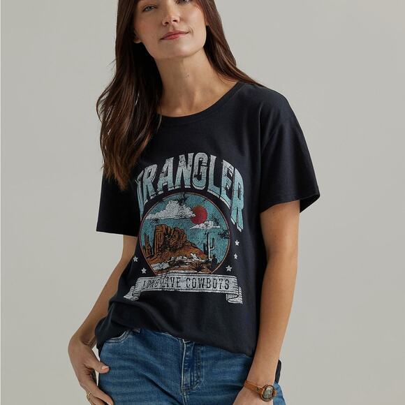 NWT Wranglers women’s Long Live Cowboys boyfriend T shirt in jet black - Picture 1 of 7